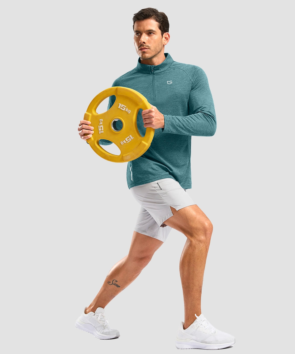 half zip pullover long sleeve in harbor blue - on model workout view