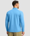 half zip pullover long sleeve in lake blue - on model back view