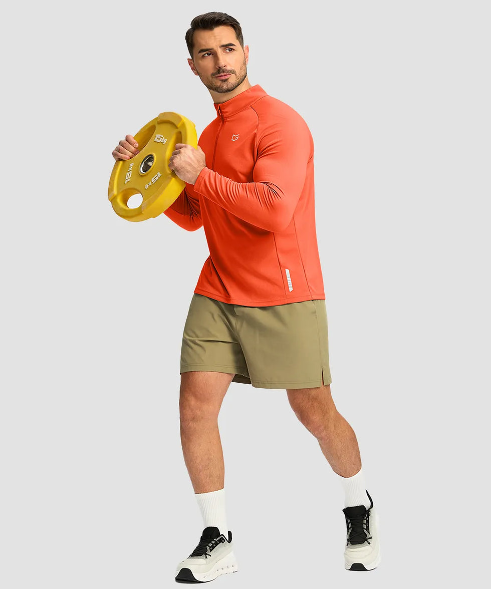 half zip pullover long sleeve in orange on model