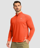 half zip pullover long sleeve in orange on model - front view