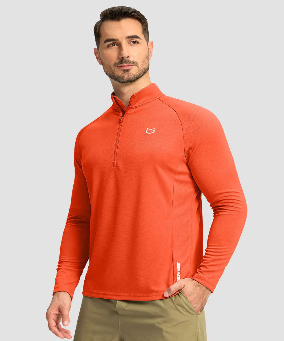 half zip pullover long sleeve in orange on model - front view
