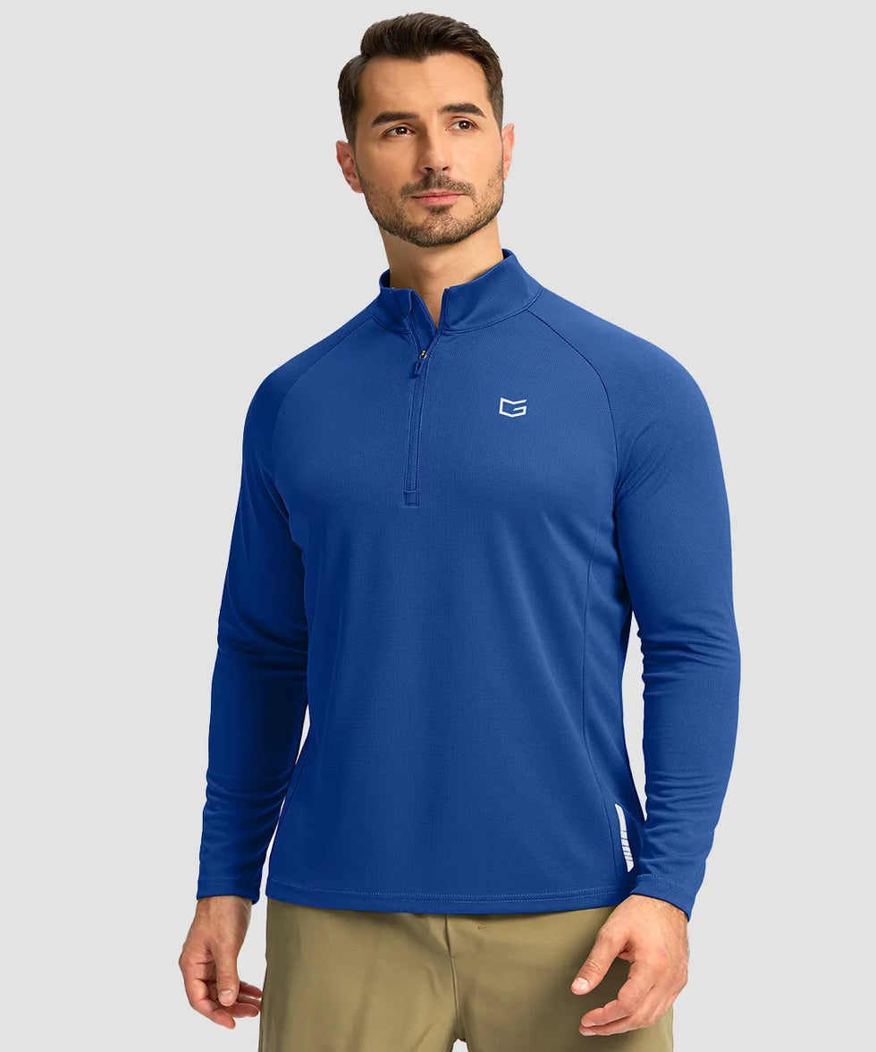 half zip pullover long sleeve in royal blue on model - front view