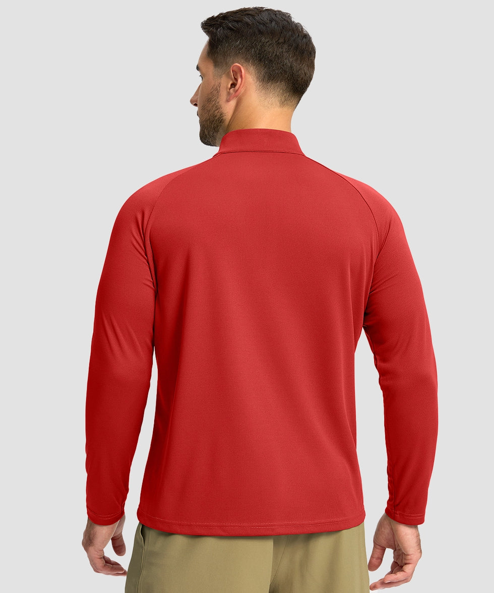 half zip pullover long sleeve in savannah red - on model back view