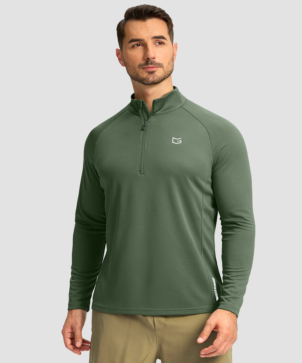 half zip pullover long sleeve in slate green - on model front view