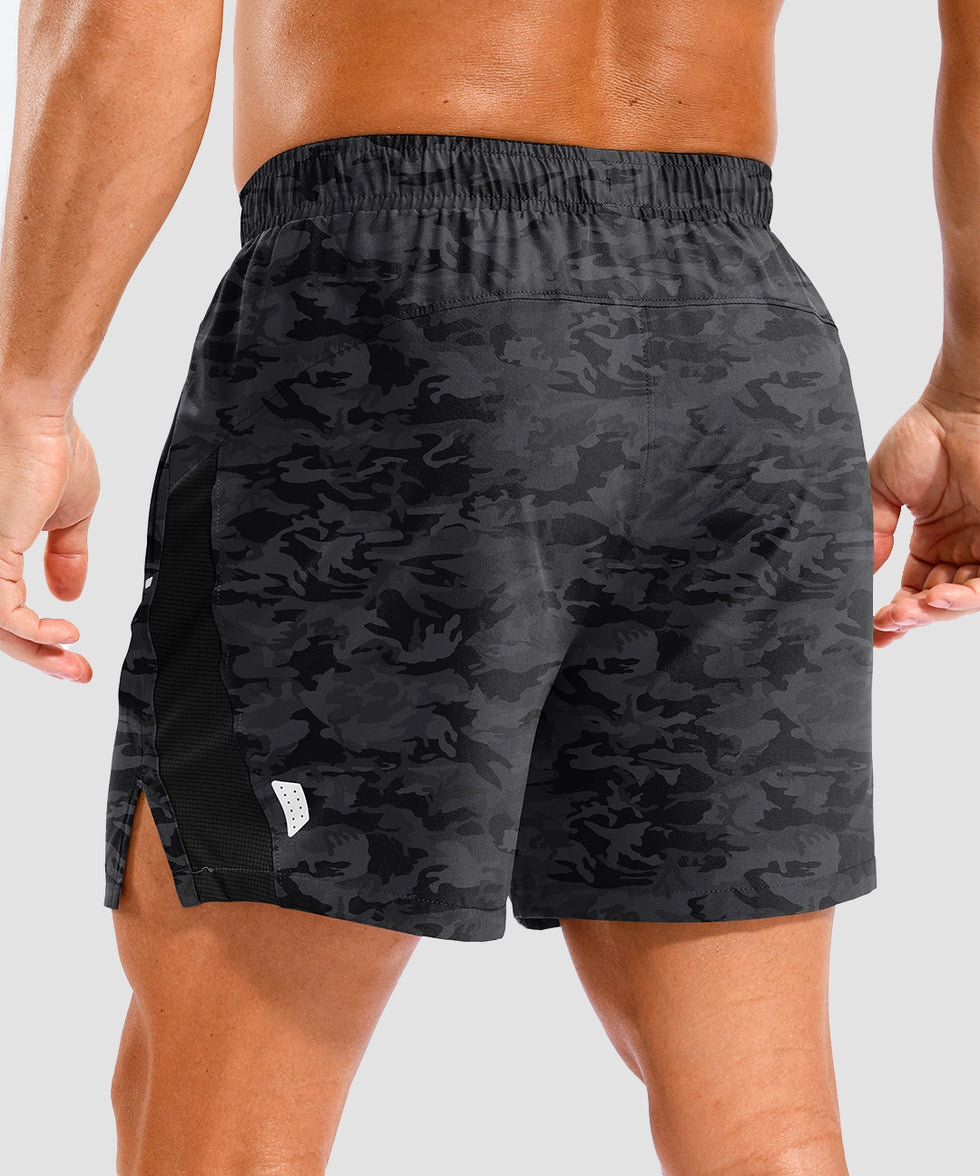 lightweight 5 inch pocketed athletic shorts in black camo - back view