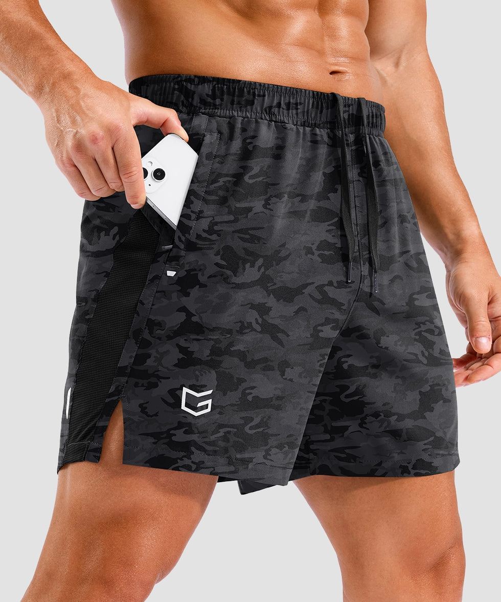 lightweight 5 inch pocketed athletic shorts in black camo - pocket detail view
