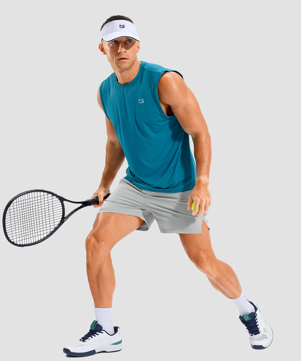 lightweight 5 inch pocketed athletic shorts in bright gray - on model view