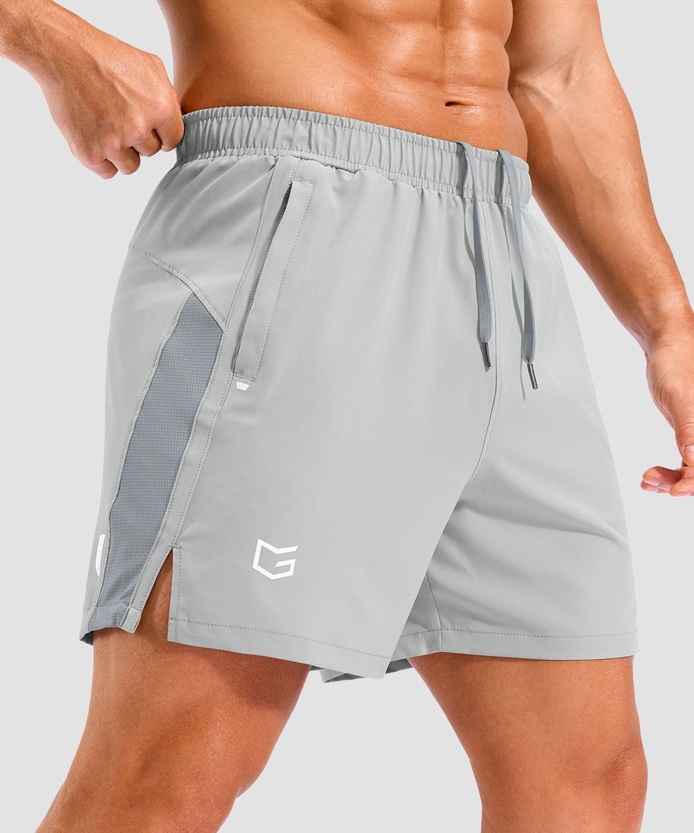 lightweight 5 inch pocketed athletic shorts in bright gray - side view