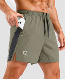 lightweight 5 inch pocketed athletic shorts in gray sage - pocket detail view