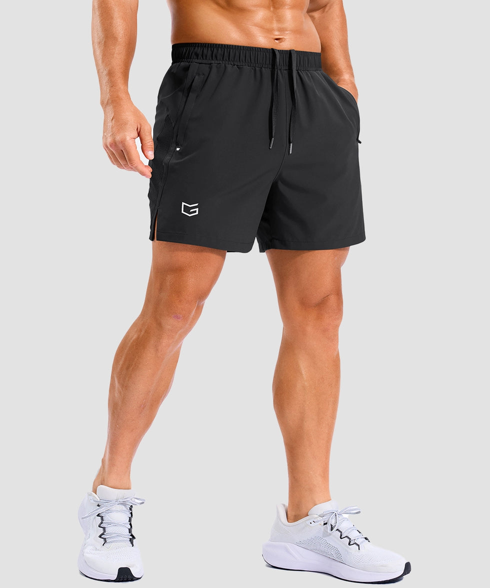 lightweight 5" pocketed athletic shorts in black - on model front view