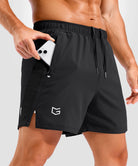 lightweight 5" pocketed athletic shorts in black - pocket detail view