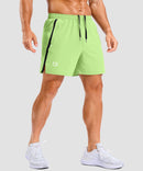 lightweight 5" pocketed athletic shorts in bright green - on model front view