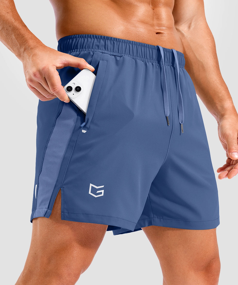 lightweight 5" pocketed athletic shorts in dusty blue - pocket detail view