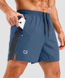 lightweight 5" pocketed athletic shorts in gray blue - pocket detail view