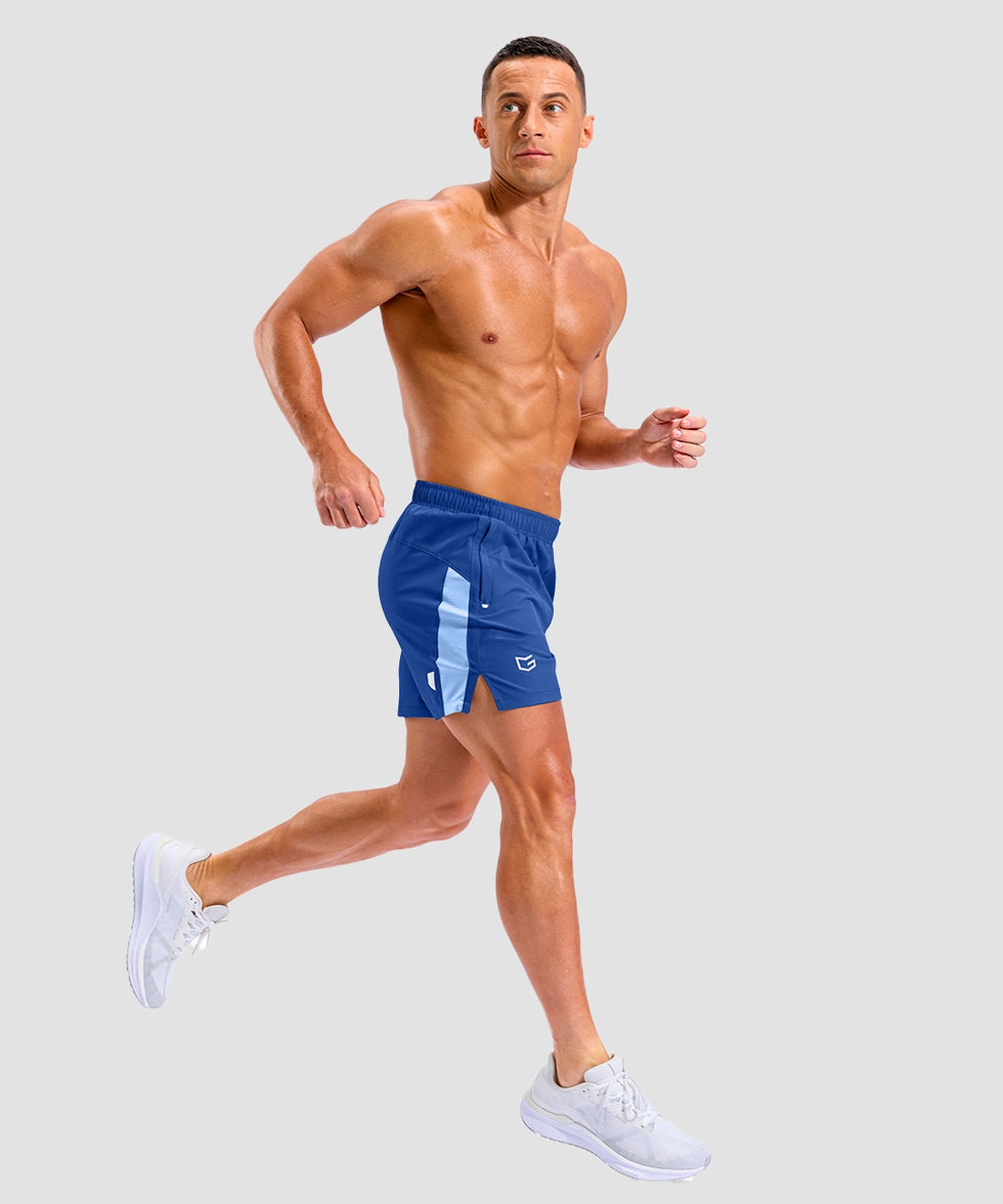 lightweight 5" pocketed athletic shorts in royal blue - on model side view