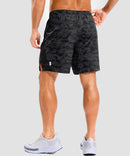 lightweight 7" pocketed athletic shorts in black camo - on model back view