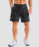 lightweight 7" pocketed athletic shorts in black camo - on model front view