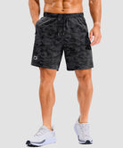 lightweight 7" pocketed athletic shorts in black camo - on model front view