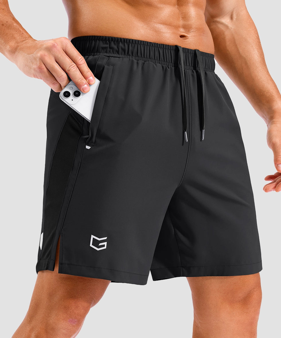 lightweight 7" pocketed athletic shorts in black - pocket detail view