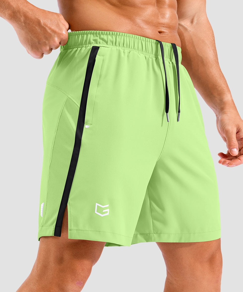 lightweight 7" pocketed athletic shorts in bright green - side view