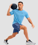 lightweight 7" pocketed athletic shorts in dusty blue - on model view