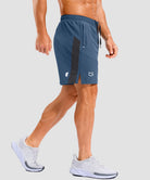 lightweight 7" pocketed athletic shorts in gray blue - on model side view