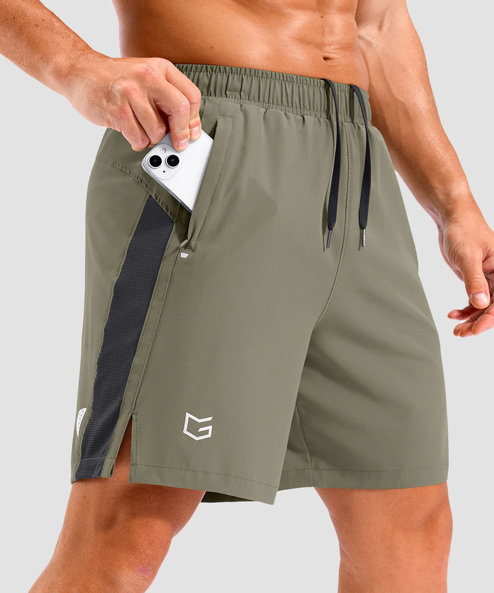lightweight 7" pocketed athletic shorts in gray sage - pocket detail view