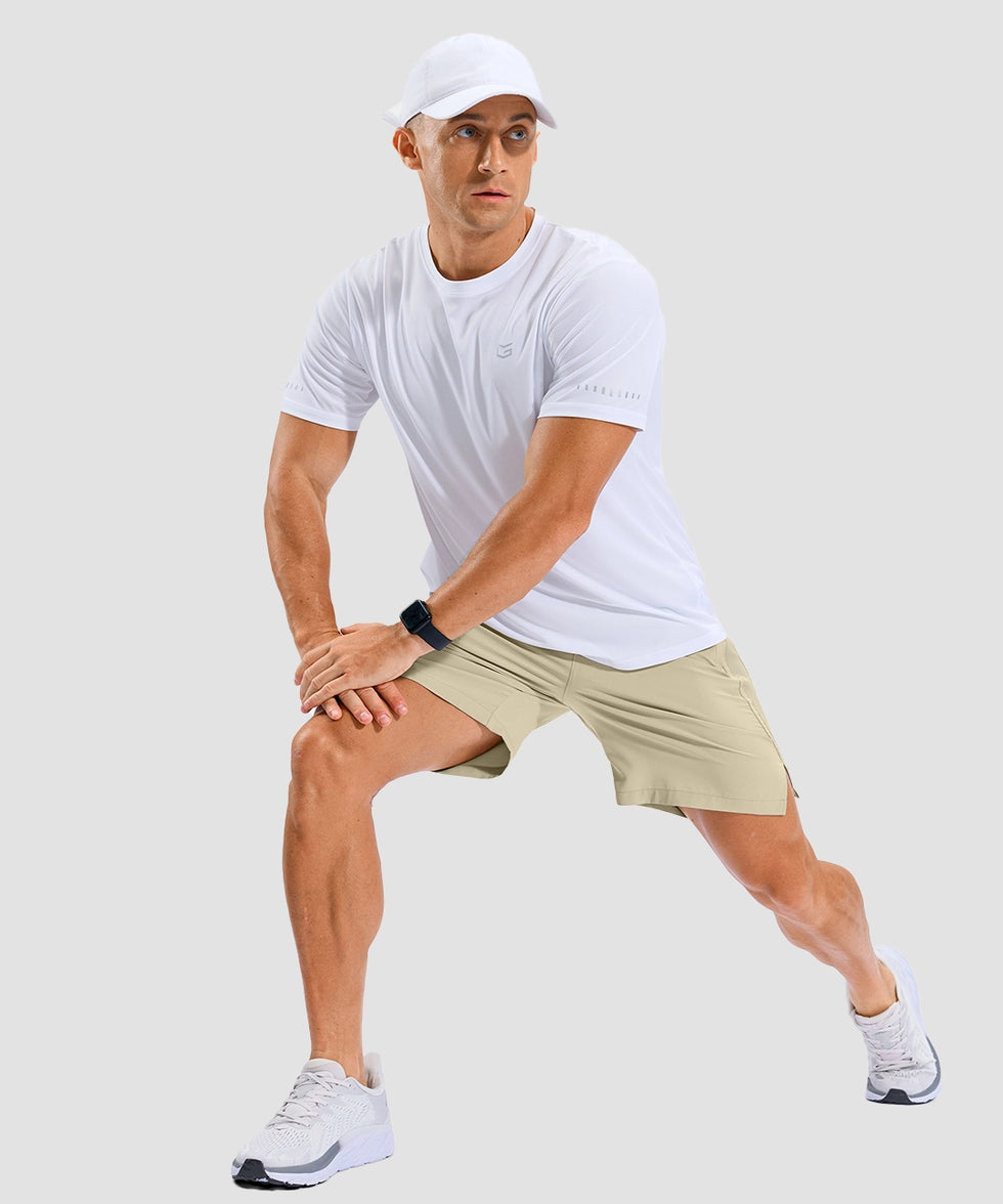 lightweight 7" pocketed athletic shorts in light khaki - on model view