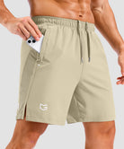 lightweight 7" pocketed athletic shorts in light khaki - pocket detail view