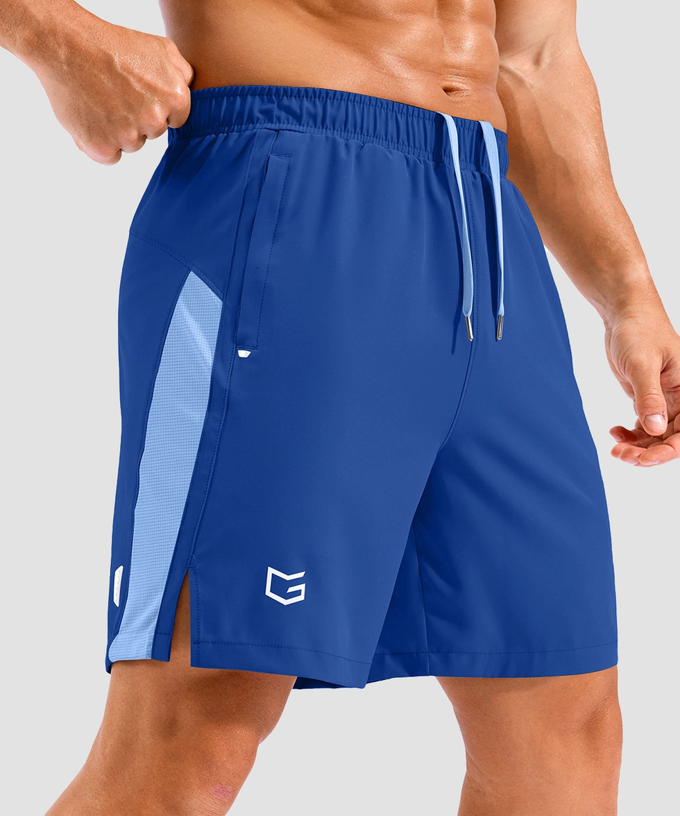 lightweight 7" pocketed athletic shorts in royal blue - side view