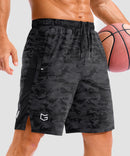 lightweight 9" pocketed athletic shorts in black camo - front view