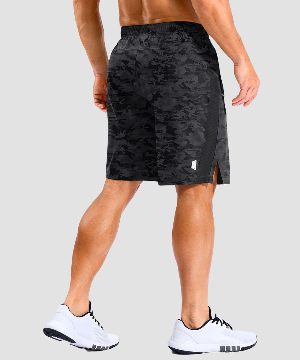 lightweight 9" pocketed athletic shorts in black camo - on model back view