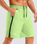 lightweight 9" pocketed athletic shorts in bright green - pocket detail view