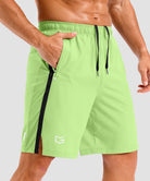 lightweight 9" pocketed athletic shorts in bright green - pocket detail view