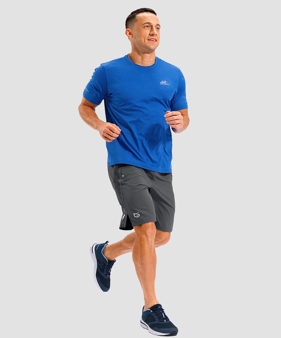 lightweight 9" pocketed athletic shorts in dark gray - on model view