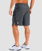 lightweight 9" pocketed athletic shorts in dark gray - on model back view