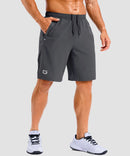 lightweight 9" pocketed athletic shorts in dark gray - on model front view