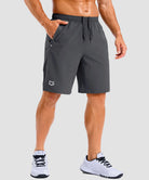 lightweight 9" pocketed athletic shorts in dark gray - on model front view