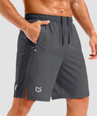 lightweight 9" pocketed athletic shorts in dark gray - pocket detail view