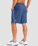 lightweight 9" pocketed athletic shorts in dusty blue - on model back view