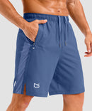 lightweight 9" pocketed athletic shorts in dusty blue - pocket detail view