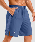 lightweight 9" pocketed athletic shorts in dusty blue - pocket detail view