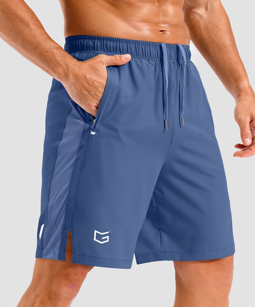 lightweight 9" pocketed athletic shorts in dusty blue - pocket detail view