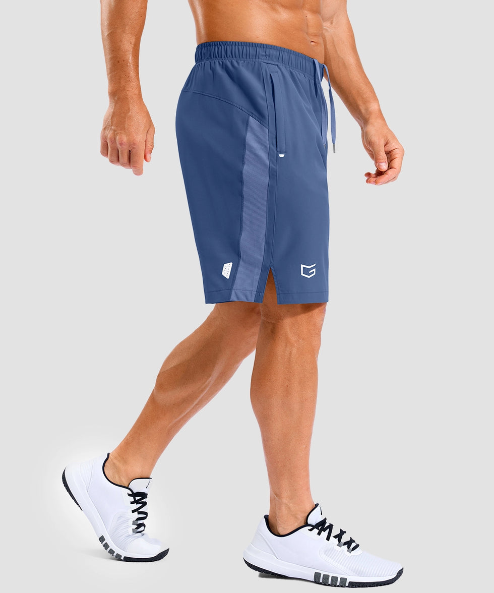 lightweight 9" pocketed athletic shorts in dusty blue - side view