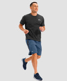 lightweight 9" pocketed athletic shorts in gray blue - on model view