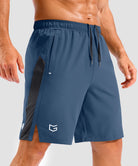 lightweight 9" pocketed athletic shorts in gray blue - side view