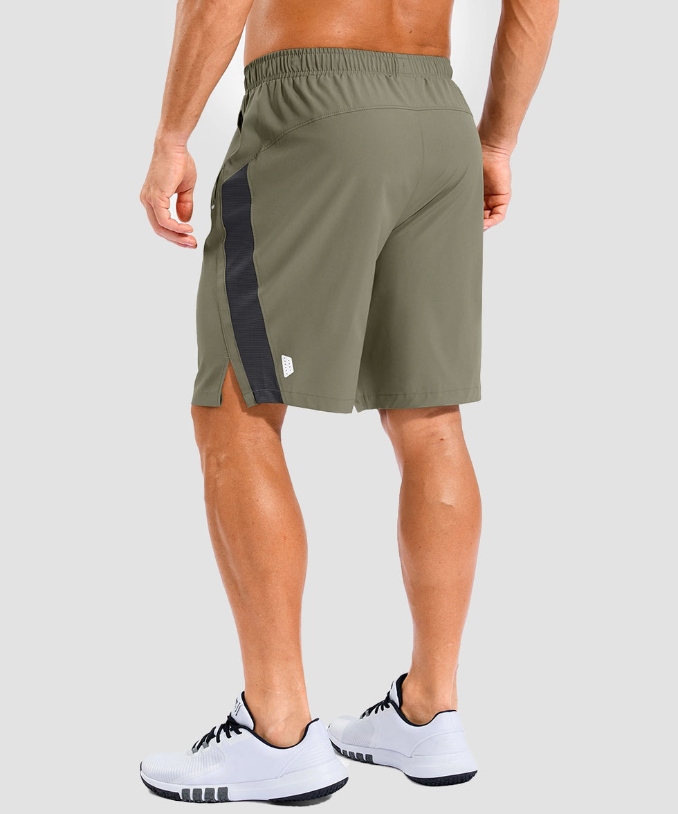 lightweight 9" pocketed athletic shorts in gray sage - on model back view