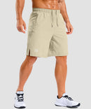 lightweight 9" pocketed athletic shorts in light khaki - on model front view