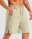 lightweight 9" pocketed athletic shorts in light khaki - pocket detail view