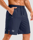 lightweight 9" pocketed athletic shorts in navy - pocket detail view